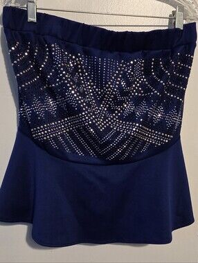 Ashley Stewart Royal Blue Strapless Rhinestone Peplum Top